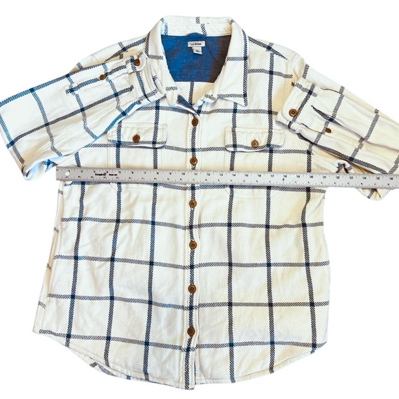 L.L. Bean Women’s L Ivory Blue Plaid 1912 Overshirt Flannel Heavyweight Shacket - Picture 13 of 15